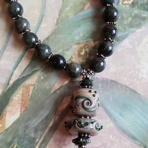 Vintage Green Agate Necklace Sterling Silver Clasp and Separators Glass Pendant