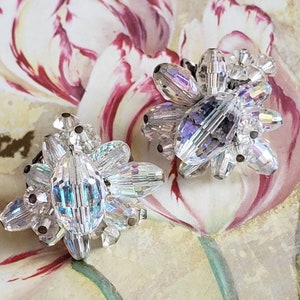Vintage Coro Silver Tone Metal and Aurora Borealis Clip On Earrings Crystal Iridescent 1950s
