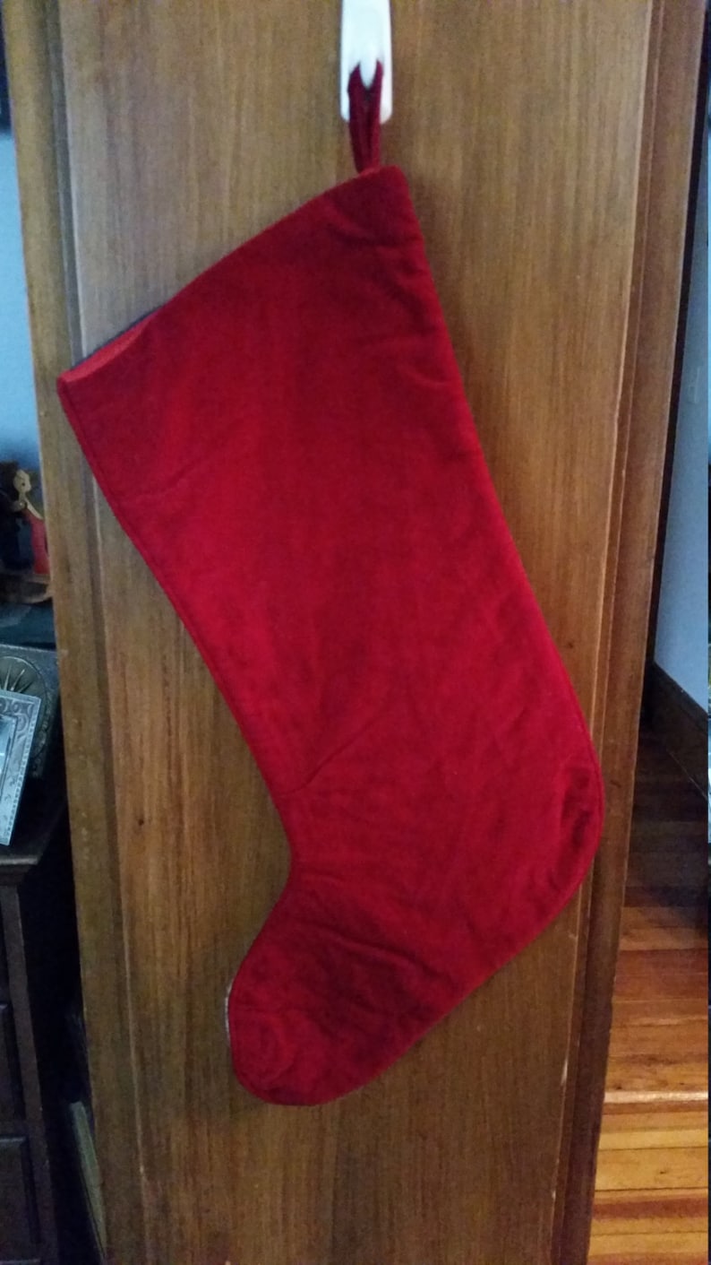 Vintage Dead Stock Embroidered Yuletide Christmas Stocking Red Velvet Angel Playing a Harp Hand Made Hand Embroidred