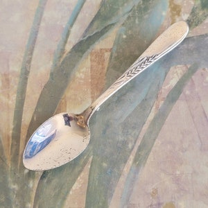 May include: A silver teaspoon with a wheat design on the handle. The spoon is on a patterned surface.
