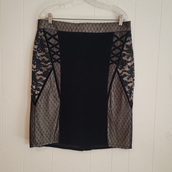 Vintage Tripp NYC Black Velvet and Black Lace Panel Pencil Skirt