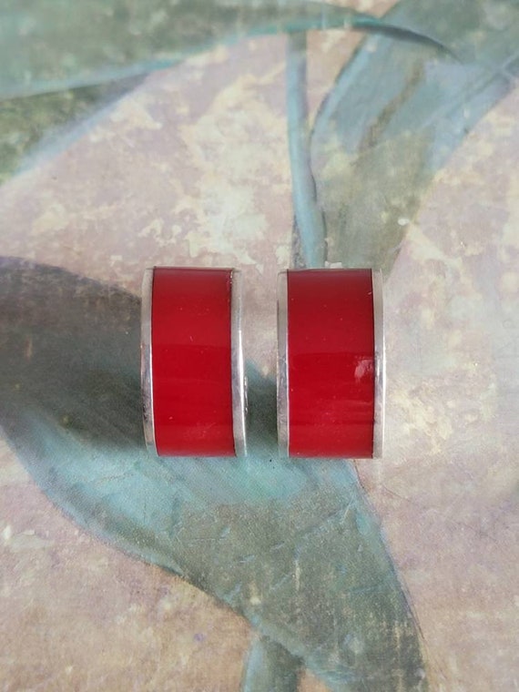 Vintage Sterling Silver and Red Enamel Curved Dro… - image 5