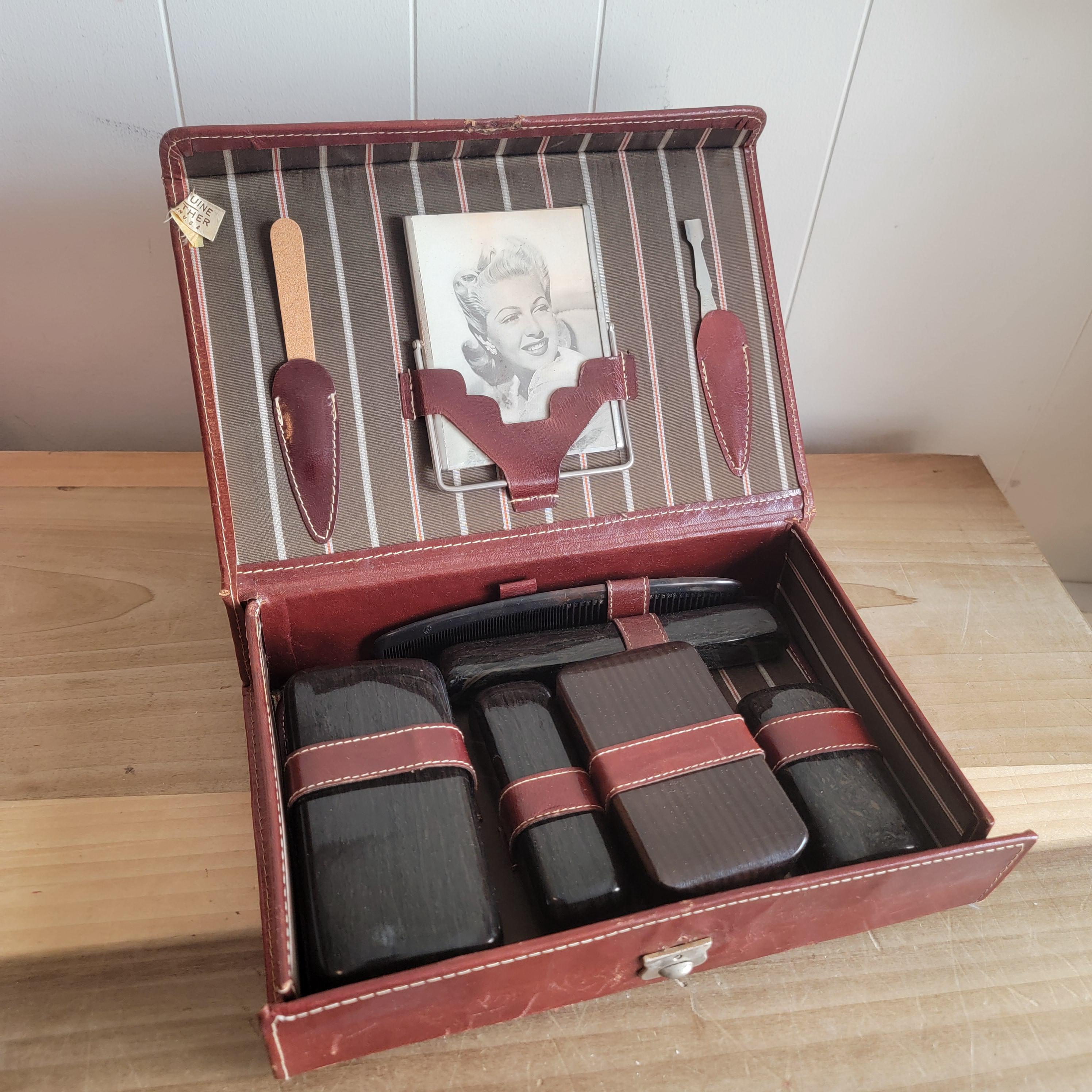 Vintage Leather Mens Toiletry Kit: Travel Grooming Set, USA Made (As Is)