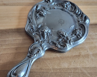 Vintage Hand Held Silver Tone Metal Art Nouveau Repousse Floral Mirror As Is