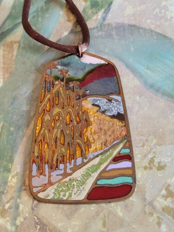 Vintage Hand Made Enamel and Copper Metal Pendant