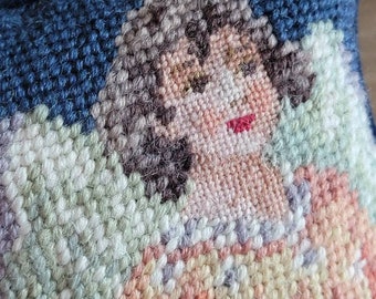 Vintage Dead Stock The Jabara Group Embroidered Needlepoint Christmas Angel Decorative Hanging Pillow Wool Blue Velvet Hand Made 1999