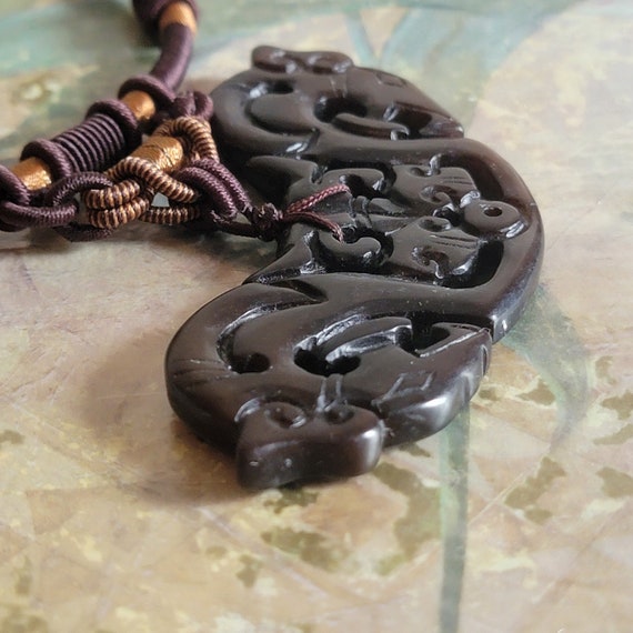 Vintage Carved Dyed Soapstone Horse Heads Pendant on a Brown Cord Jade Bead Closure View 4