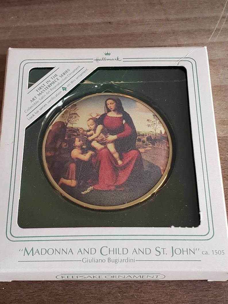 Vintage Hallmark Art Series Masterpieces Christmas Ornament 1984 Original Box Madonna and Child and Saint John Giuliano Bugiardini image 3