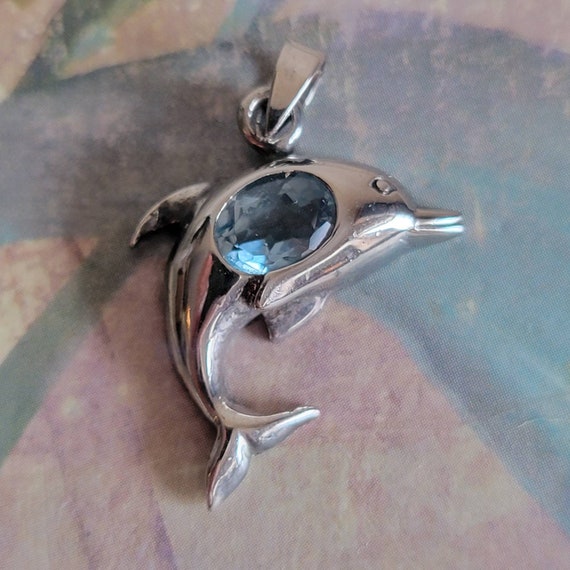 Vintage Sterling Silver and Blue Gemstone Dolphin… - image 1