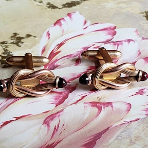 Vintage Gold Tone Knot Cufflinks: Red Burgundy Cabochons, 1950s Accessory