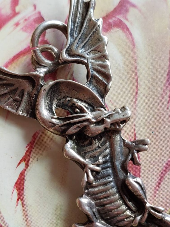 Vintage Sterling Silver Winged Dragon Pendant 925 