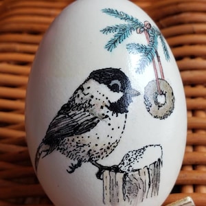 Vintage Hand Painted Duck Egg Christmas Ornament: Chickadee & Seed Ring