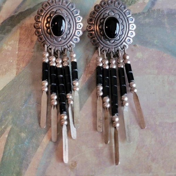 Vintage QT Sterling Quoc Turquoise Inc Native American Sterling Silver and Onyx Bead Earrings 1990s Pierced Ears Posts