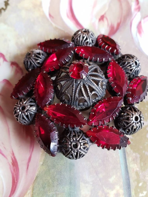 Vintage Glass Red Rhinestones and Steel Cut Brooc… - image 3