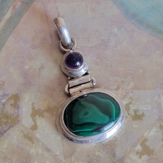Vintage Sterling Silver Malachite and Amethyst Se… - image 1