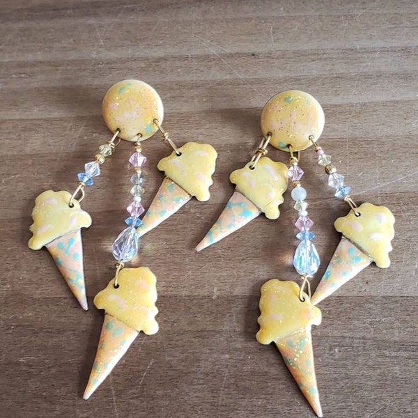 Vintage Lunch at the Ritz Dangling Ice Cream Cone Earrings For Pierced Ears Signed Sparkles Glitter 1986