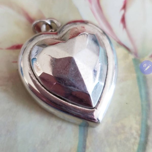 Vintage Sterling Silver Puffed Heart Mock Faceted Jewel Front Pendant Love Valentine's Day