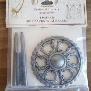 Vintage Dead Stock Metal Set of Two Holdbacks Stackbacks for Curtians and Drapery Open Work Pewter