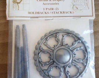 Vintage Dead Stock Metal Set of Two Holdbacks Stackbacks for Curtians and Drapery Open Work Pewter