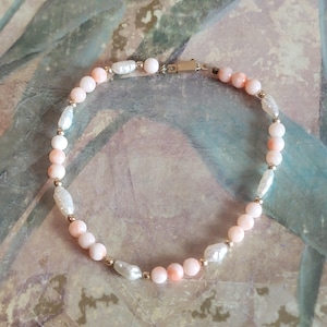 Vintage Angel Skin Coral Beads Freshwater Pearls Bracelet 14 Karat Gold Filled Clasp and Beads