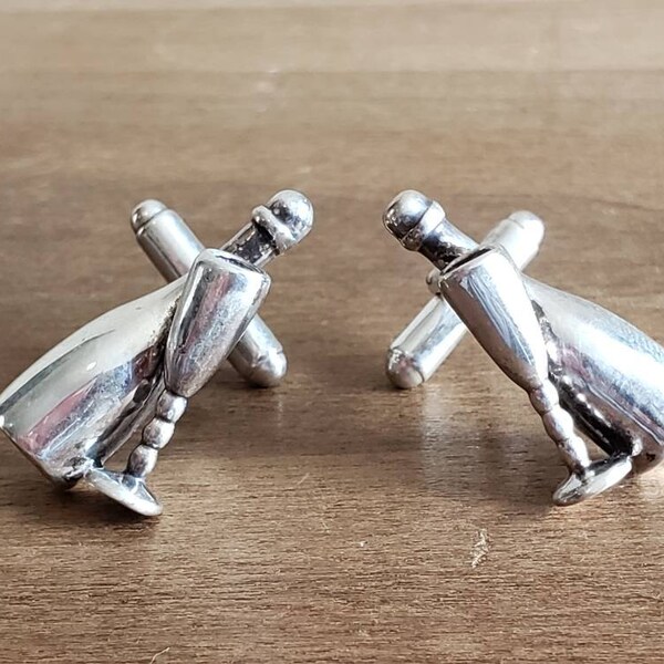 Vintage Sterling Silver Champagne Bottles and Glasses Cufflinks Cuff Links Accessory French Cuffs Men Groom Wedding Accessory New Year's Eve