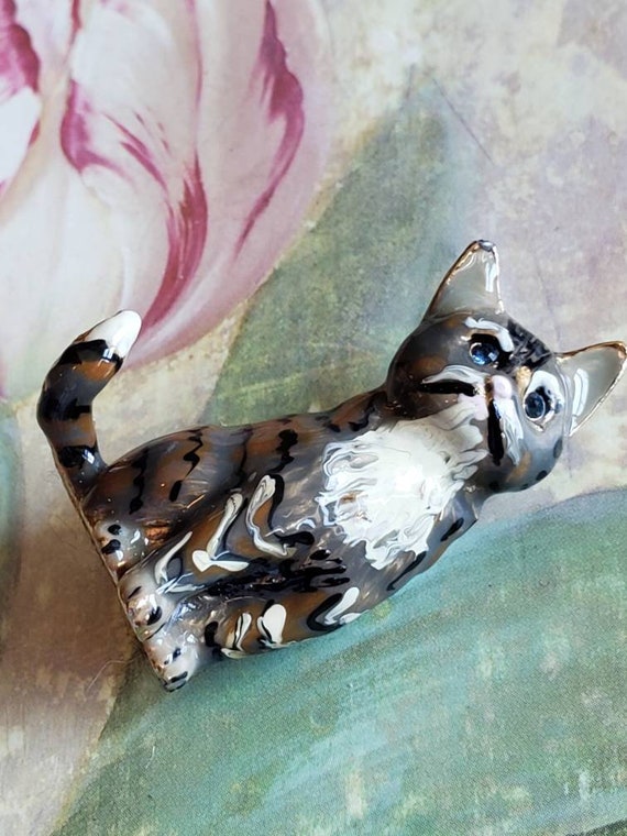 Vintage E. Pearl Cat Brooch Pin Enamel Signed Rhi… - image 3