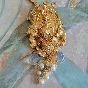 Vintage Kirk&#39;s Folly Designs Aurora Borealis Rhinestones Faux Pearl Cherub Pendant Brooch or Pin and Chain Necklace