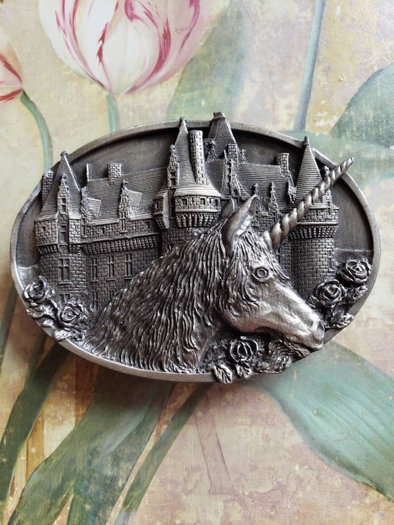 Vintage Unicorn and Castle Belt Buckle Very Detai… - image 1