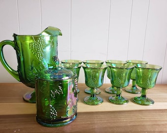 Vintage Carnival Glass Indiana Harvest Green Iridescent Water Glasses Wine Goblets Cookie Jar and Pitcher Set Grapes 1970s Drinkware