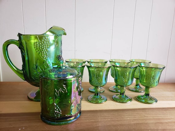 Vintage Indiana Harvest Carnival Glass Set: Green Iridescent