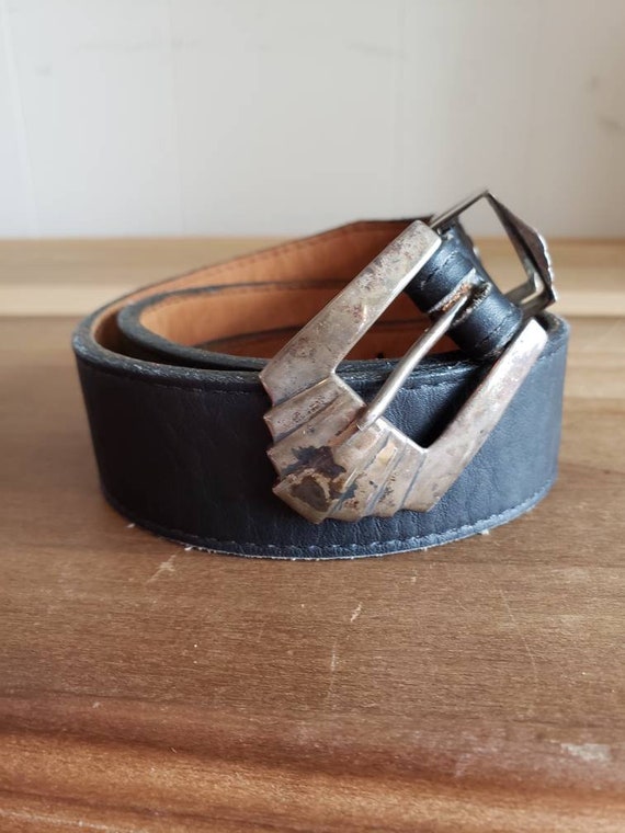 Vintage Ceintures Black Leather Belt Sterling Silver Buckle and Accents Adults Size 30 1980s Etsy