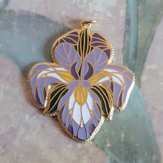 Vintage Gold Tone Metal and Enamel Orchid or Iris 