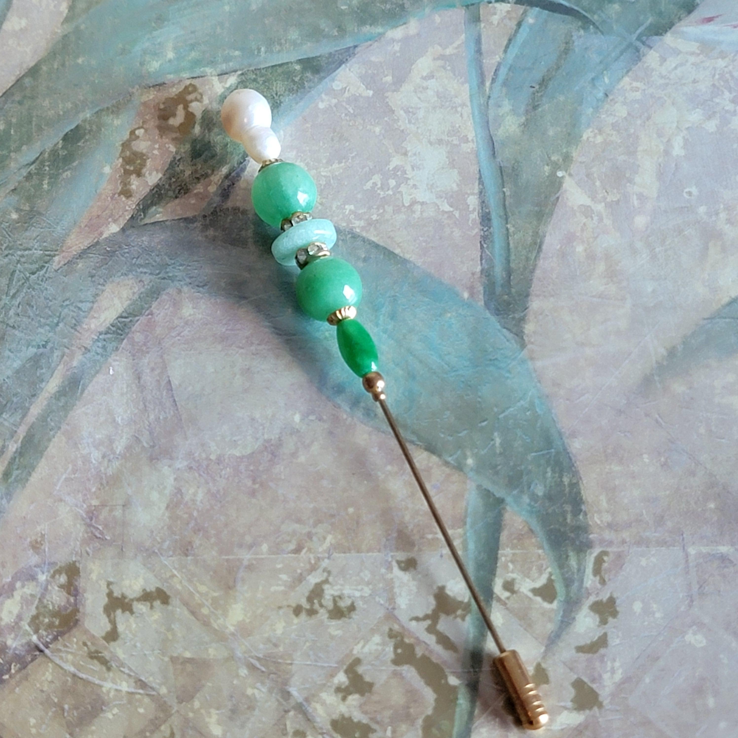 Vintage Freshwater Pearl Green Beads Hat Pin - Etsy display picture 1