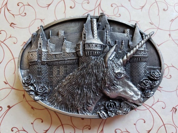 Vintage Unicorn and Castle Belt Buckle Very Detai… - image 2