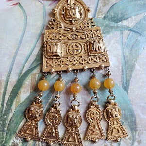 Vintage Kenneth Lane Large Gold Tone Metal with Dangling Beads Pendant and Necklace Signed