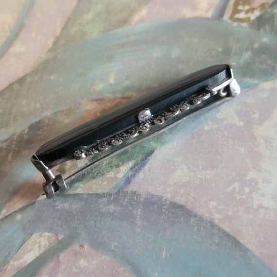 Vintage Sterling Silver Onyx and Marcasite Brooch… - image 2