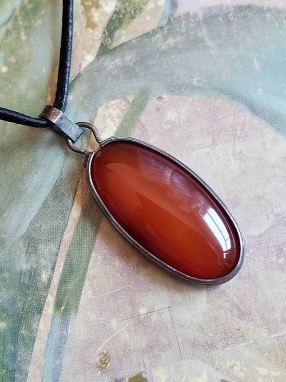 Vintage Hand Carved Oval Agate Turquoise Pendant … - image 7