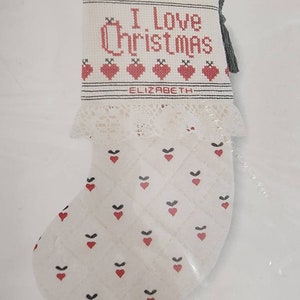 Vintage Dead Stock Sunset Stitchery Counted Cross Stitch Needlepoint Christmas Hearts Stocking DIY 1983 Cotton I Love Christmas