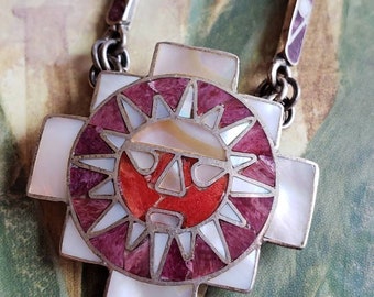 Vintage Ama Peruvian Peru Sterling Silver Sun Necklace 950 Inlay Mother of Pearl