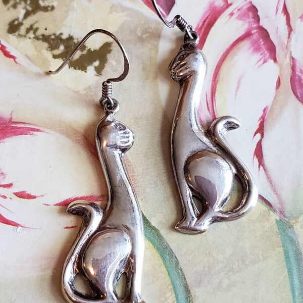 Vintage Sterling Silver Elongated Cat Earrings 1990's Pierced Ears French Hooks