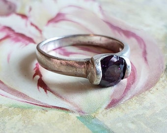 Vintage Hand Made Sterling Silver and Amethyst Faceted Ring Size 4.75 925 1990 Ladies Accessory February Birthstone