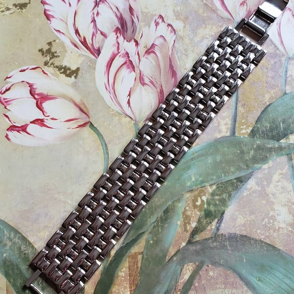 SALE Vintage Napier Silver Tone Metal Statement Piece Costume Jewelry Flexible Bracelet 1980s