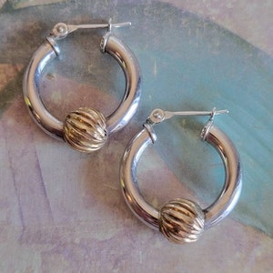 Vintage Sterling Silver and 14 Karat Gold Hoop Earrings Pierced Ears