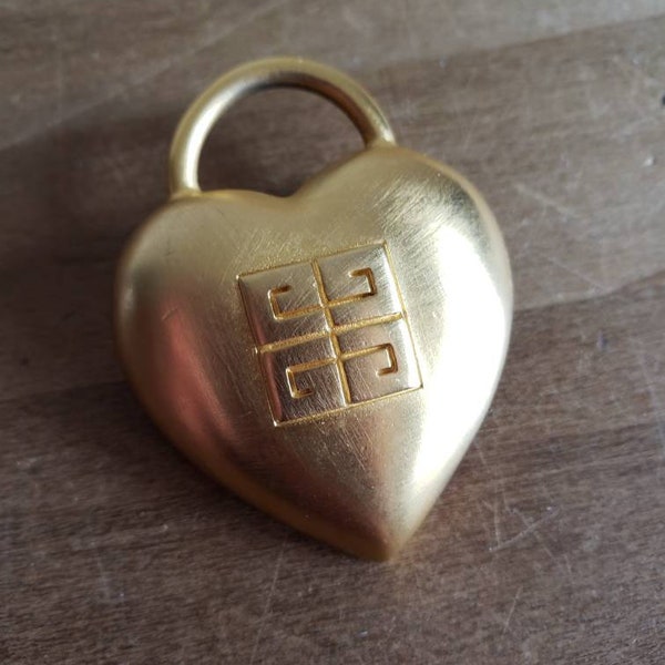 Vintage Givenchy Gold Tone Metal Heart Lock Brooch or Pin Accessory Costume Jewelry 1990s Designer Signed