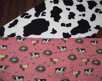 farmhouse red and white check and black and white cow print reversible table runner