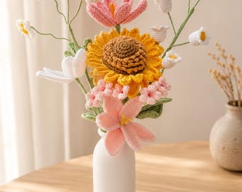 Crochet Sunflower Bouquet, Handmade Knitted Tulip, Valentine’s Day Gift for Her, Birthday, Anniversary, Gifts for mom, wife, Lover, Friends