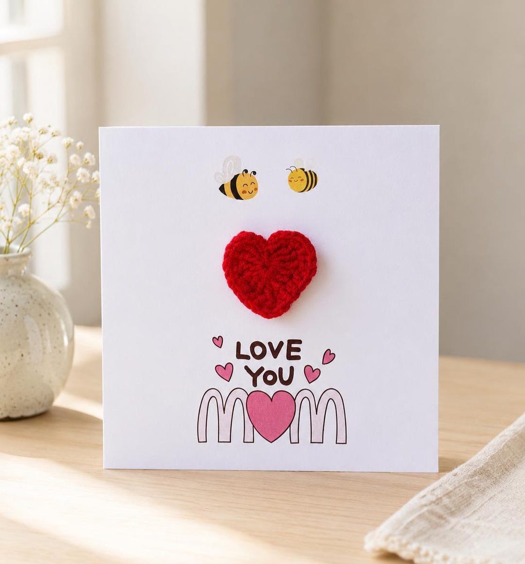 Mother's Day Card Mum, Handmade Crochet Heart Card, Love You Mum Card ...