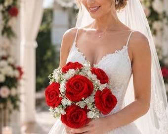 Handmade Crochet Bridal Bouquet, Red Rose Wedding Bouquet, Wedding