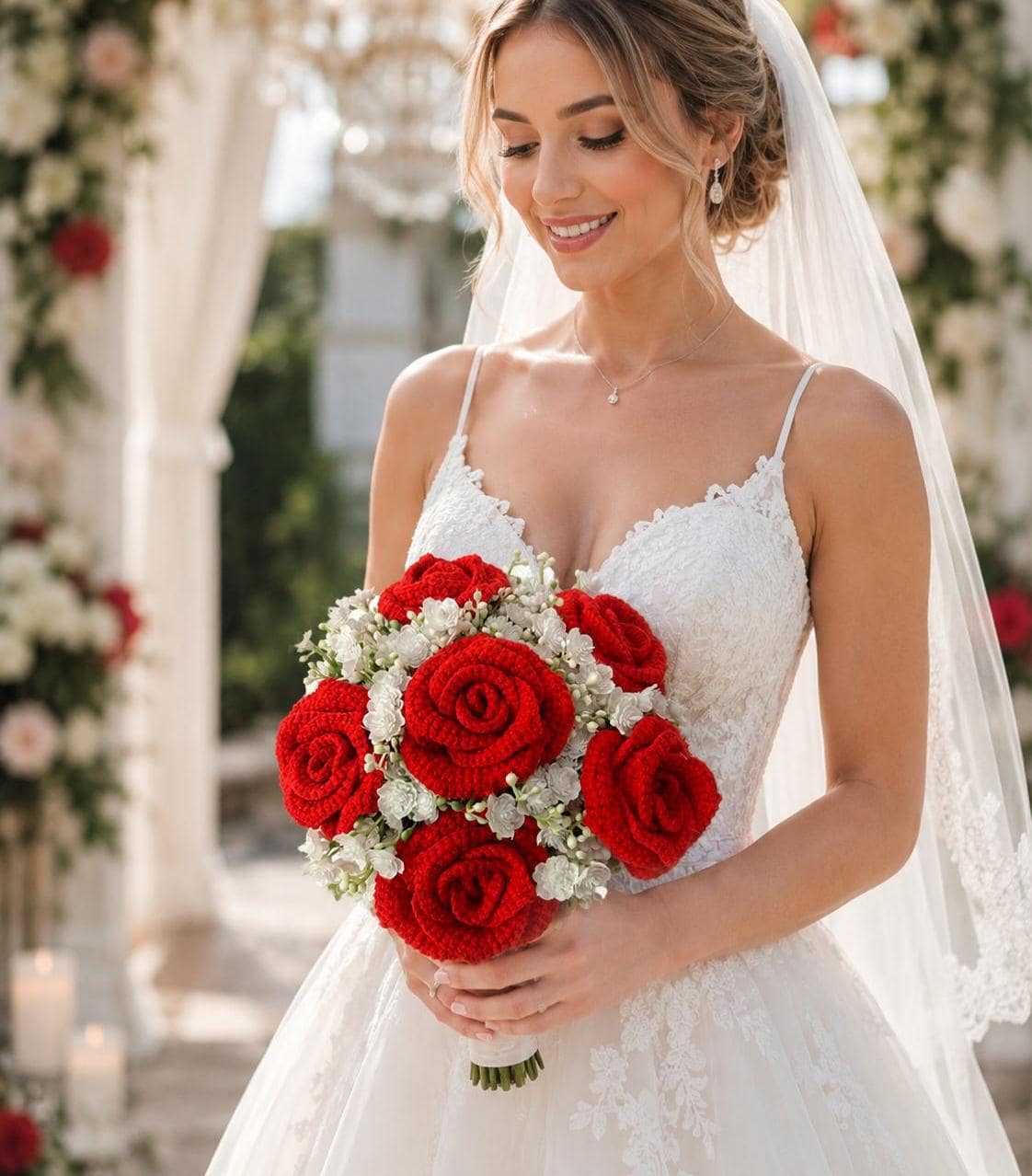 Handmade Crochet Bridal Bouquet, Red Rose Wedding Bouquet, Wedding