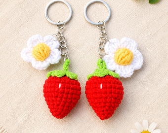 Crochet Strawberry Keychain with Flower, Handmade Strawberry Charm, Cute Fruit Keyring, Gift for Her, Friends, Bag Charm, Amigurumi Keychain